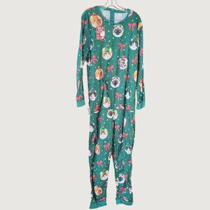 Light-Up Union Suit Pajamas Cat Ornaments Bows Size M 100% Polyester Green